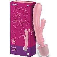 Двусторонний вибратор с клиторальным стимулятором Wand + Rabbit Triple Lover Pink Satisfyer 