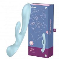 Двусторонний вибратор с клиторальным стимулятором Triple Oh Blue Satisfyer 