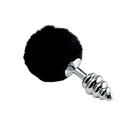 Анальная пробка металлическая, ребристая с чёрным хвостиком Bunny Tail Plug
