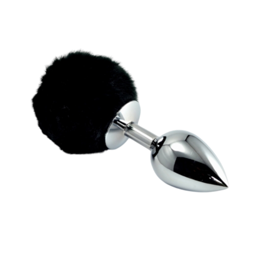 Анальная пробка металлическая с чёрным хвостиком Bunny Tail Plug L